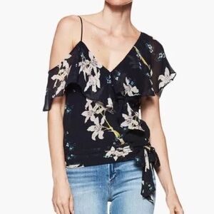 Paige Chereen Silk Ruffle Cold Shoulder Flutter Sleeve Wrap Floral Top Blue S